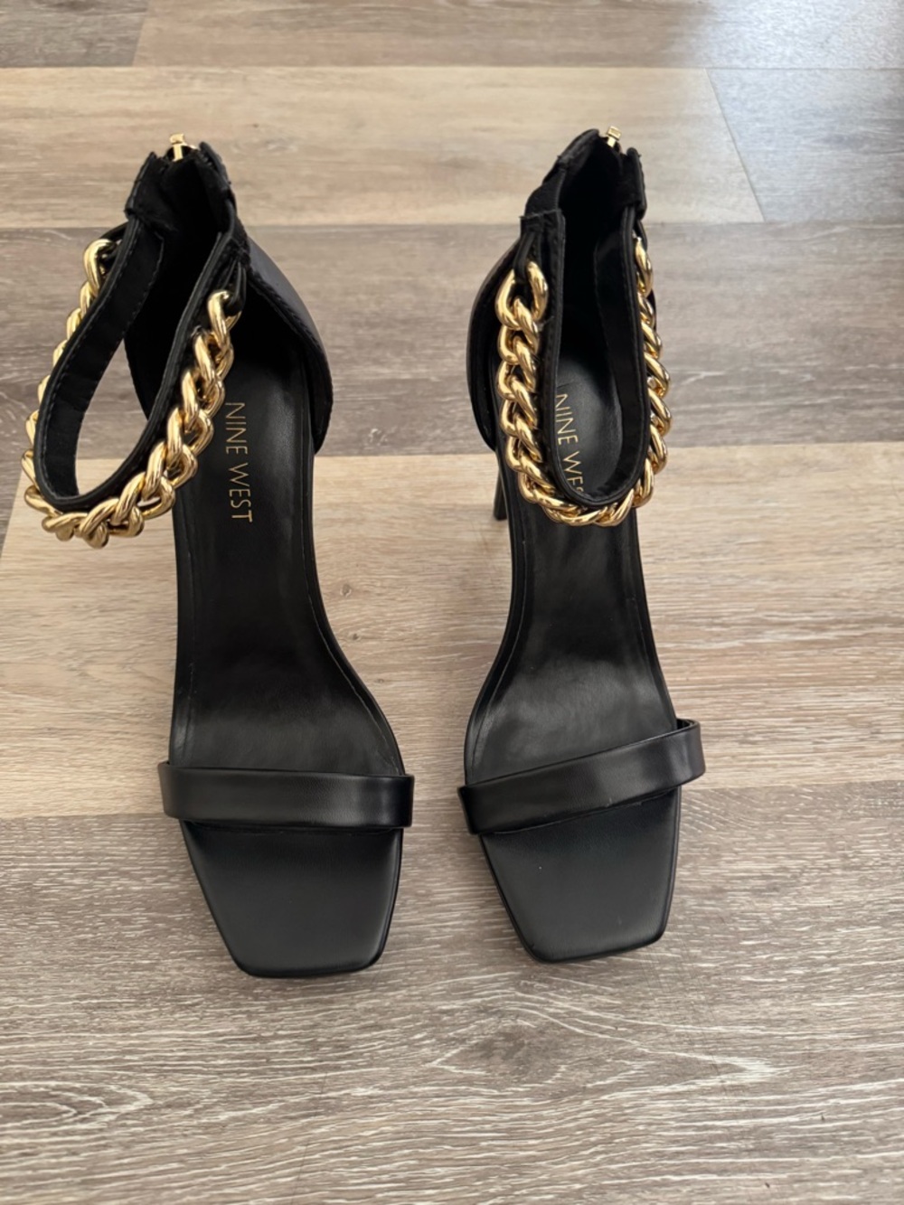 Nine West Black Sandals with Gold Chain Ankle Strap